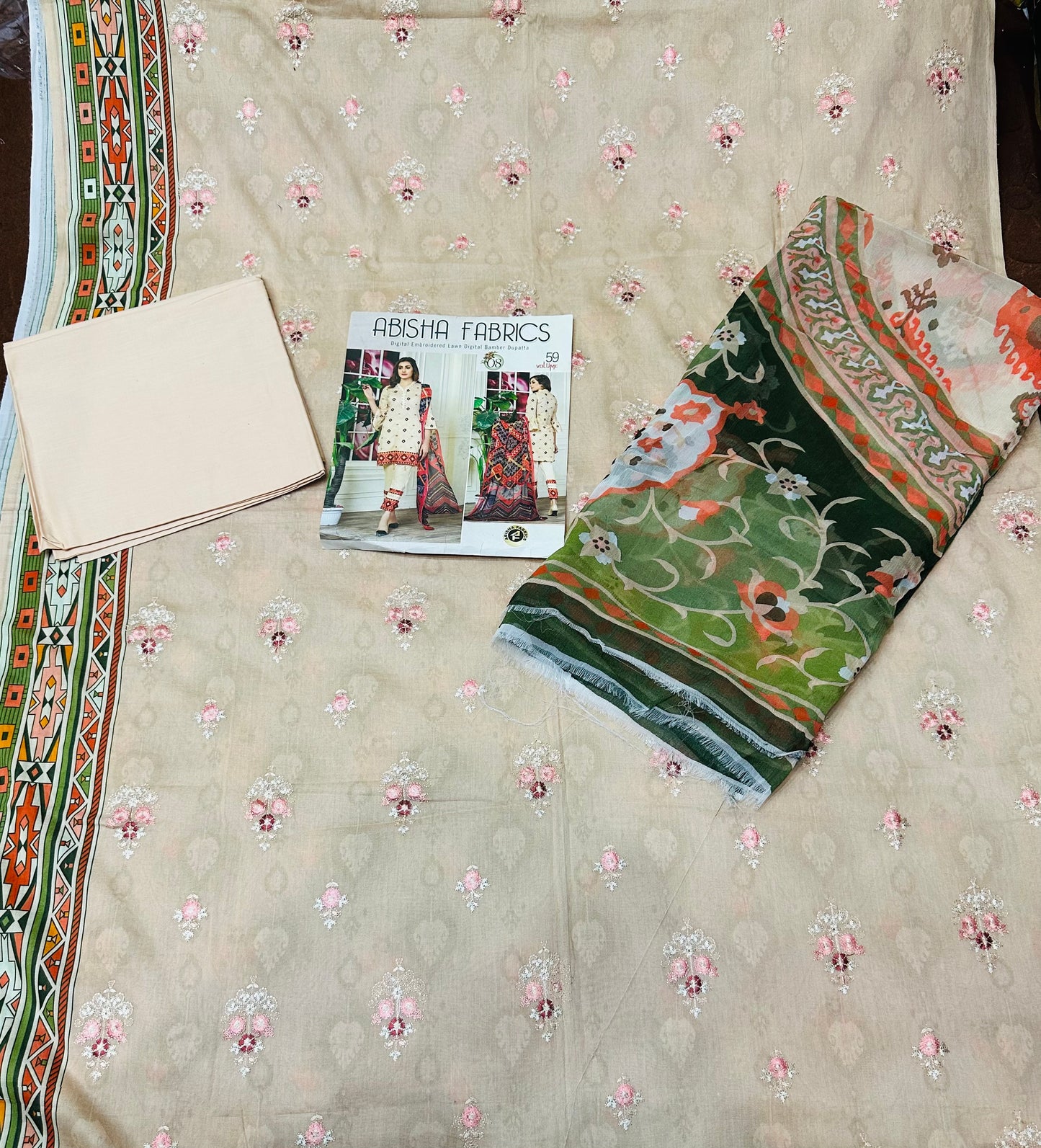 Brosha Embro Lawn Suit With Printed Crinkle Dupatta For Ladies - BDE1