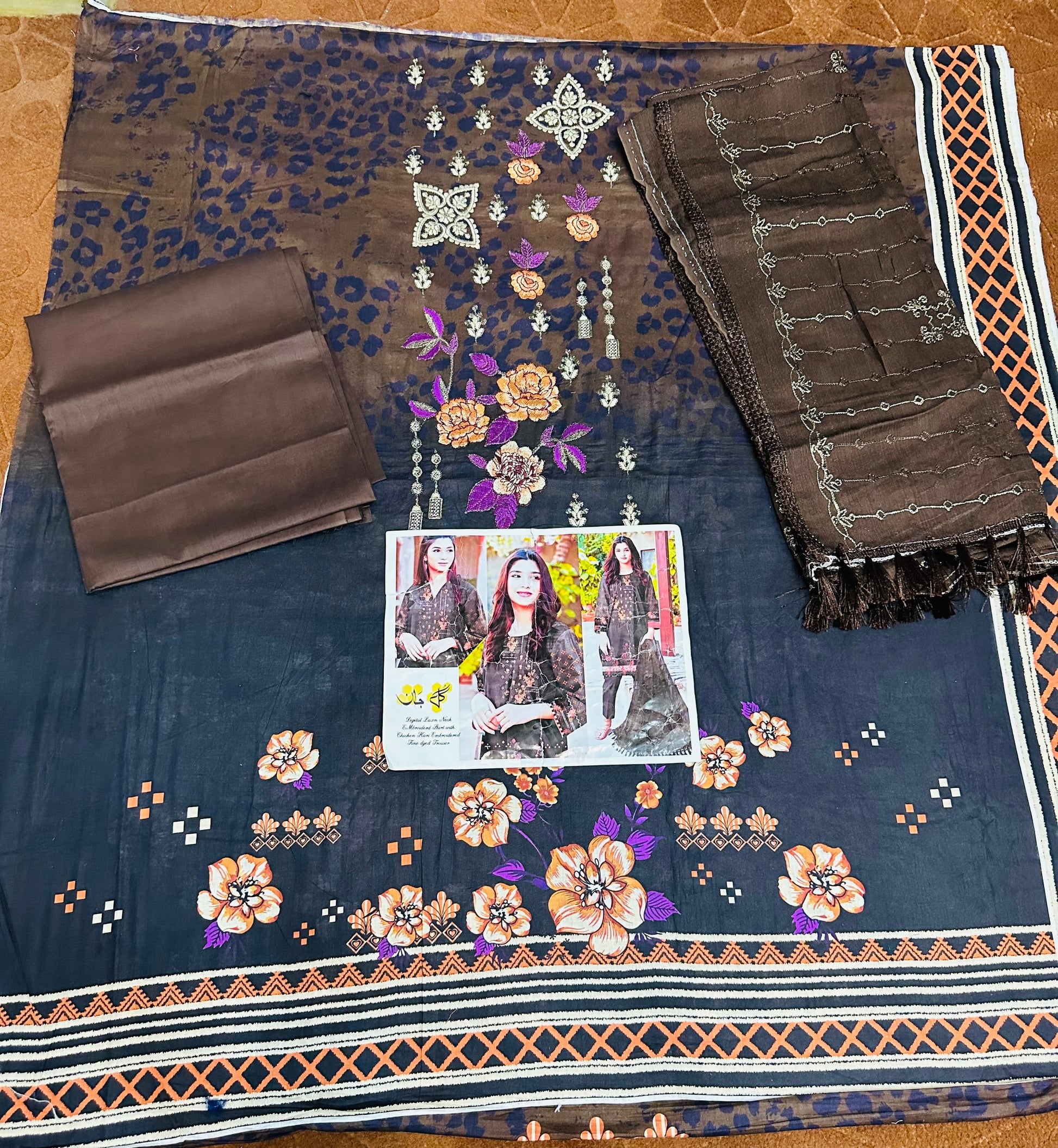 HSC - 3 Pc Embro Floral Printed Lawn Suit with Chiffon Jaal Embroidered Dupatta HSC