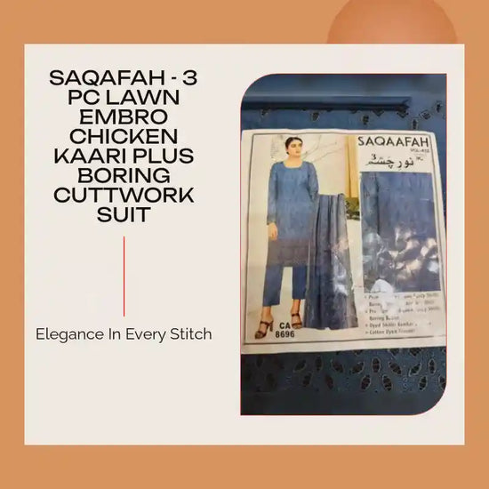 Saqafah - 3 Pc Lawn Embro Chicken Kaari Plus Boring Cuttwork Suit by@Outfy